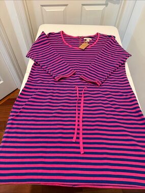 NWT Fuchsia Navy Striped Drawstring Waist Dress 3/4 Sleeve Fall School Ready XL
